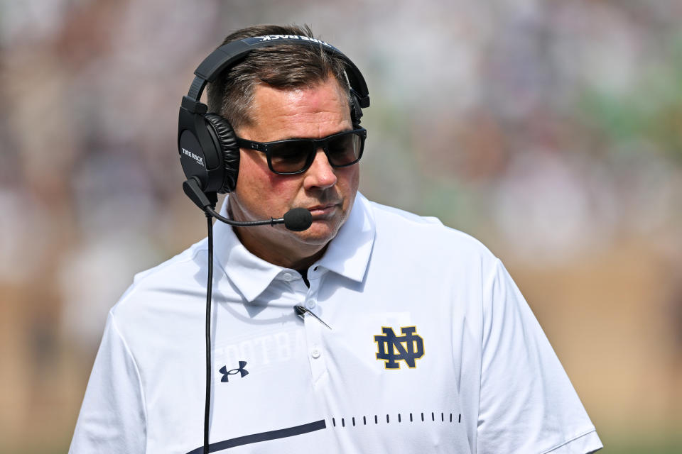 Sept. 10, 2022; South Bend, Indiana;Notre Dame Fighting Irish defensive coordinator Al Golden watches in the first quarter against the Marshall Thundering Herd at Notre Dame Stadium. Matt Cashore-USA TODAY Sports