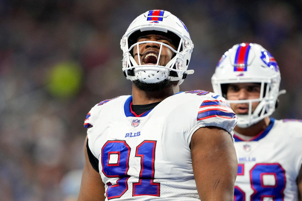 DETROIT, MICHIGAN – NOVEMBER 24: Ed Oliver #91 of the Buffalo Bills reacts after a safety against the Detroit Lions during the third quarter at Ford Field on November 24, 2022 in Detroit, Michigan.  (Photo by Nic Antaya/Getty Images)