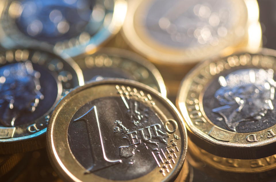 One Euro and British pound coins are seen in this illustration