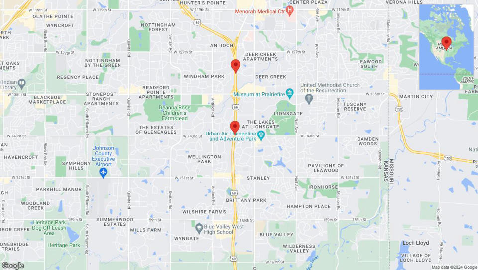 A detailed map that shows the affected road due to 'Lane on US-69 closed in Overland Park' on May 14th at 2:51 p.m.