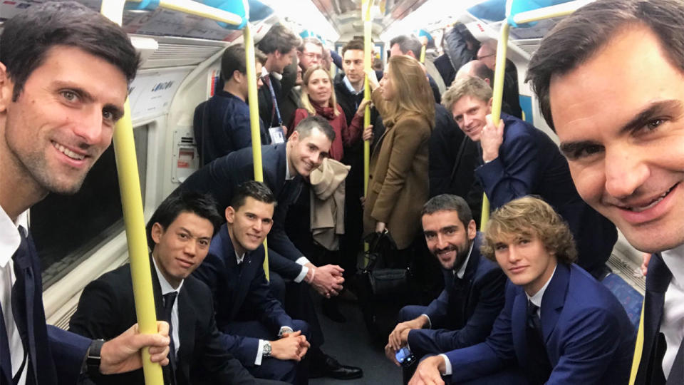 Roger Federer and Novak Djokovic headline the star-studded list of public transport takers. Pic: Twitter/Adam Hogg