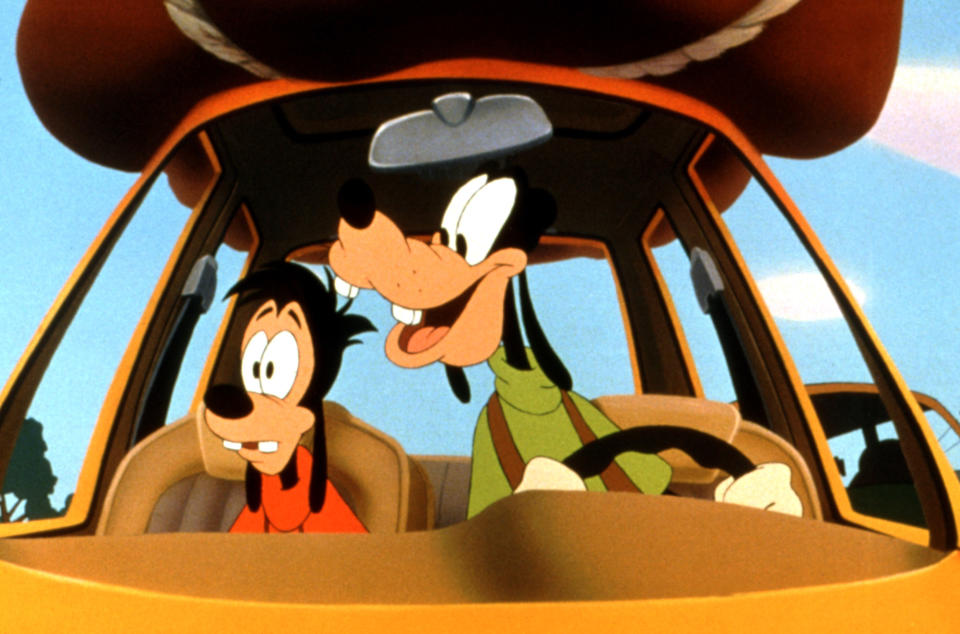 Goofy and Max in a car