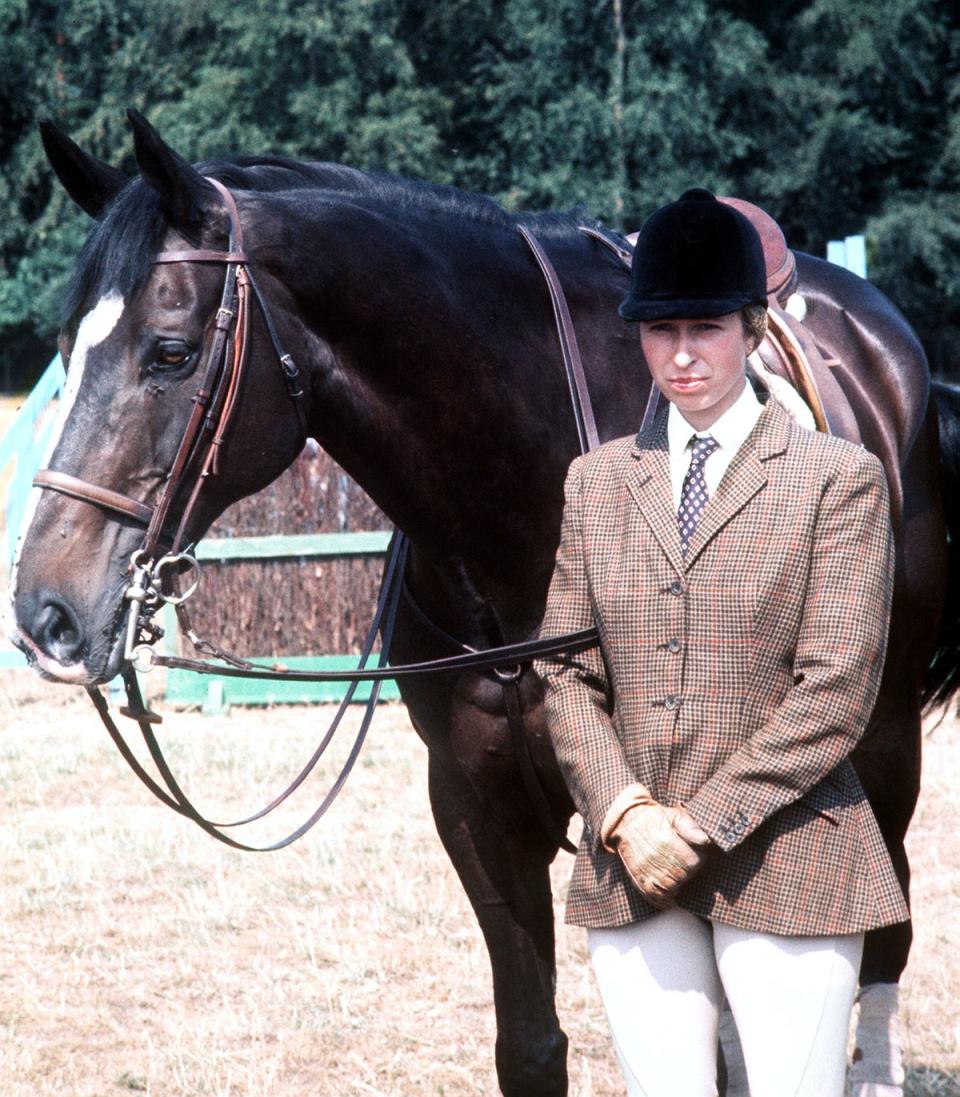 Princess Anne (later the Princess Royal) with the Queen’s horse, Goodwill, at Smith’s Lawn, Windsor, during a break in training with the British Olympic team for the three-day event at the Montreal Olympic Games in Canada. (PA)