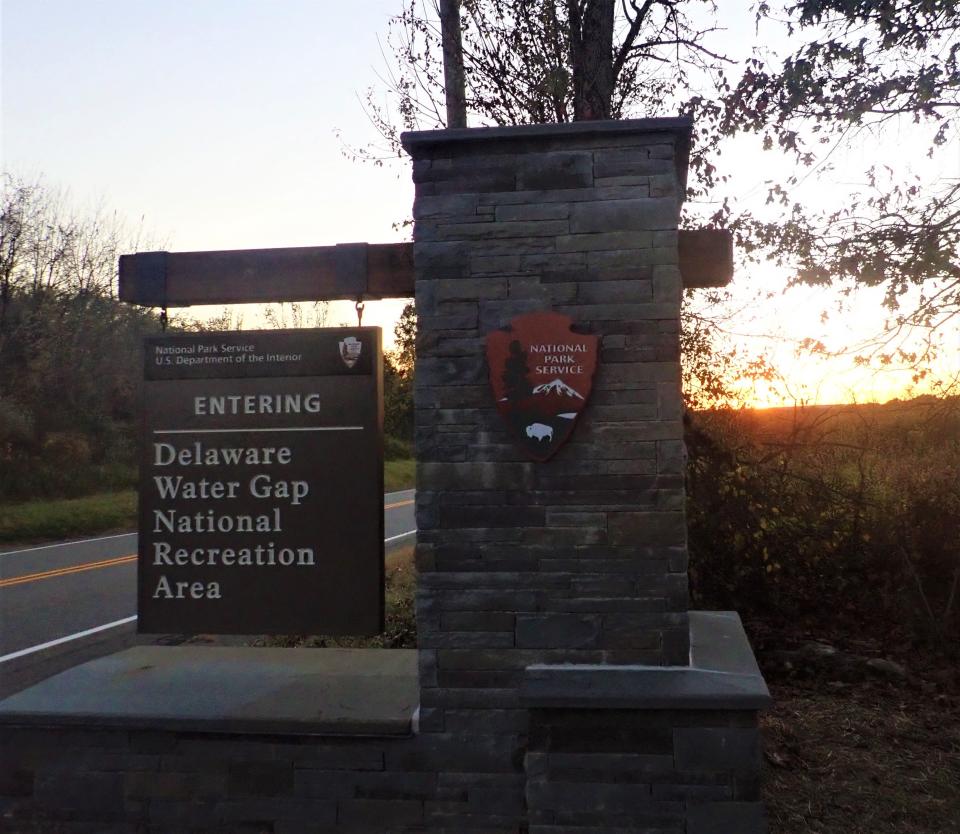 The entrance sign to the Delaware Water Gap National Recreation Area on Sussex County Route 560 in Sandyston is seen at sunset in this file photo.