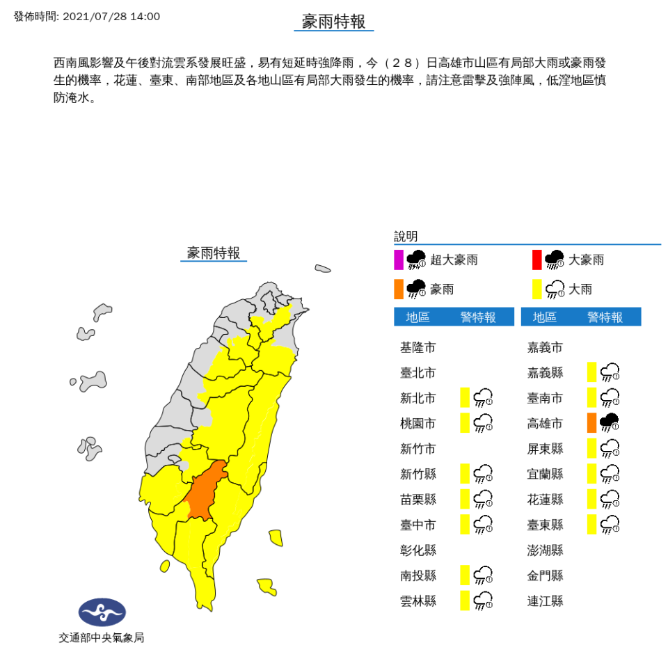 氣象局對14縣市發布豪雨、大雨特報。   圖：中央氣象局/提供