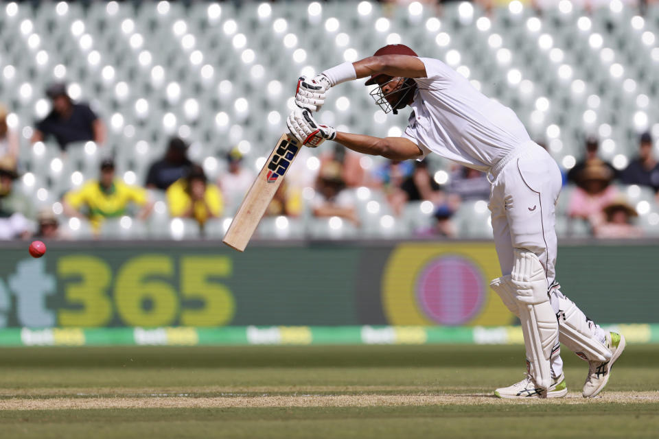 The West Indies' Roston Chase bats against Australia on the third day of their cricket test match in Adelaide, Saturday, Nov. 10, 2022. (AP Photo/James Elsby)