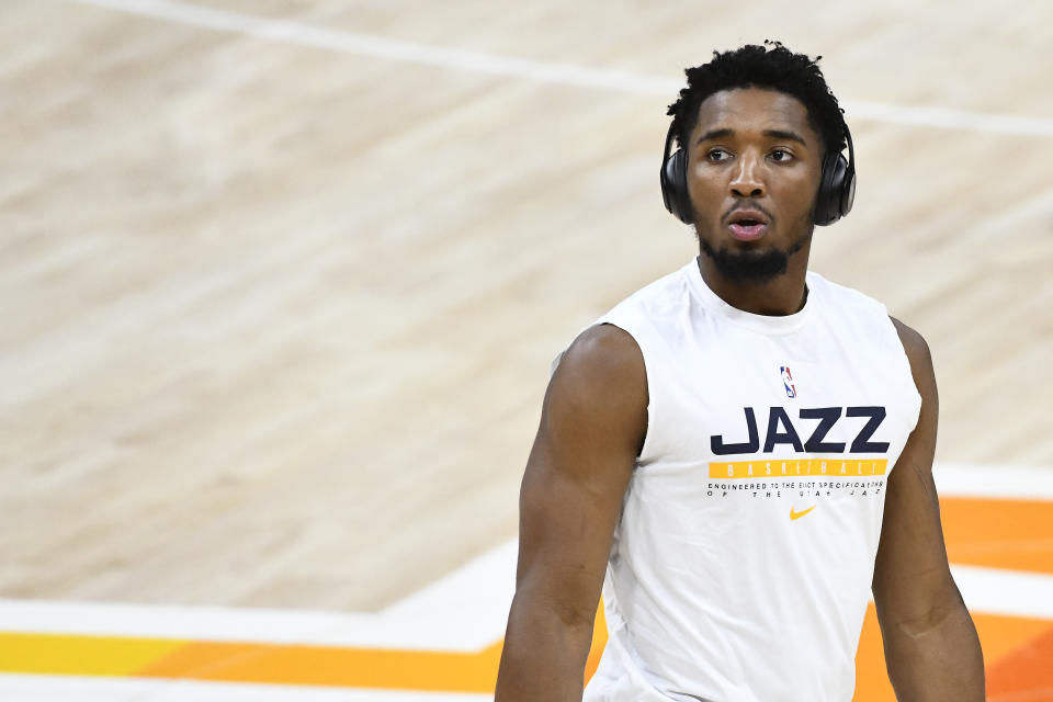 Donovan Mitchell #45 of the Utah Jazz warms up before a game against the Cleveland Cavaliers at Vivint Smart Home Arena on March 29, 2021 in Salt Lake City, Utah. NOTE TO USER: User expressly acknowledges and agrees that, by downloading and/or using this photograph, user is consenting to the terms and conditions of the Getty Images License Agreement. (Photo by Alex Goodlett/Getty Images)