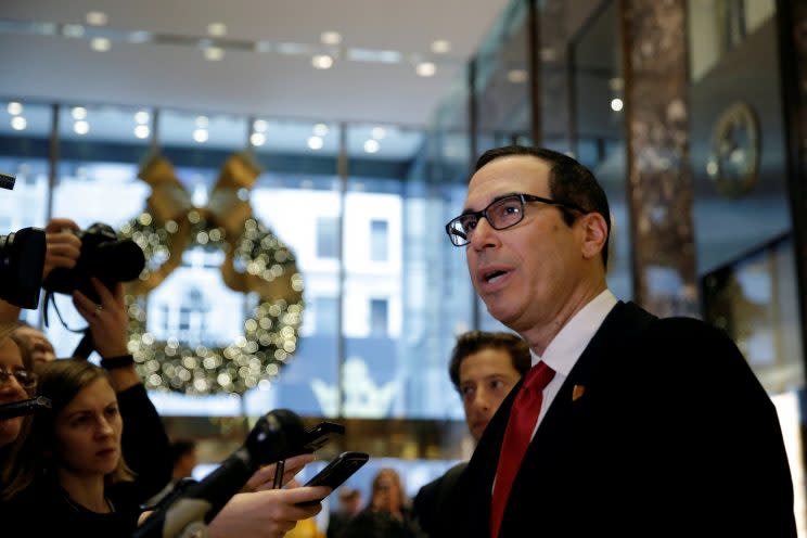 Steven Mnuchin talks to reporters in Trump Tower. (Photo: Mike Segar/Reuters)