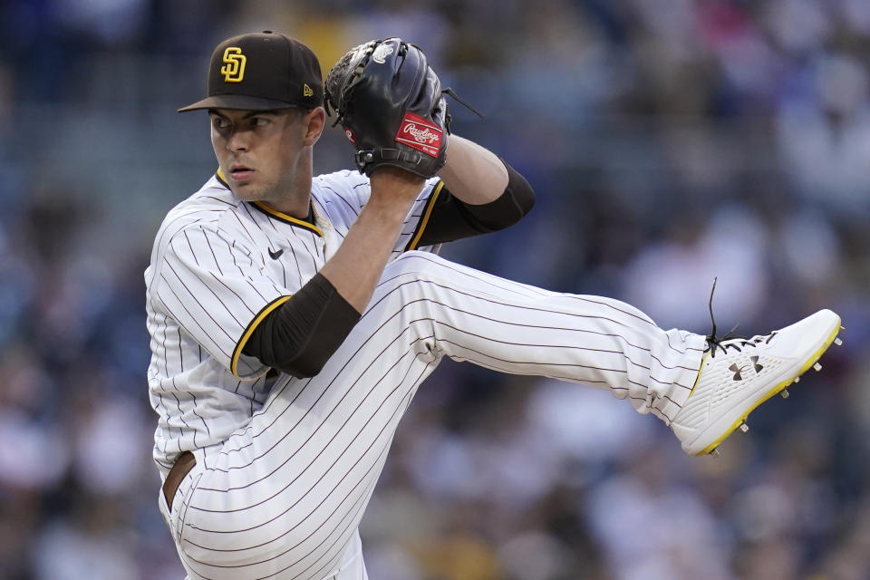 San Diego Padres starting pitcher MacKenzie Gore works against a Chicago Cubs batter during the first inning of a baseball game Monday, May 9, 2022, in San Diego. (AP Photo/Gregory Bull)