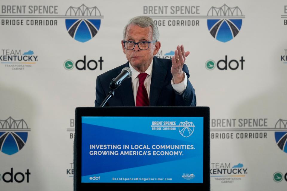 Ohio Gov. Mike DeWine speaks during a press conference to announce updates on the Brent Spence Bridge Corridor project at Devou Park in Covington, Ky., on Thursday, July 27, 2023. Ohio Gov. Mike DeWine and Kentucky Gov. Andy Beshear announced Walsh Kokosing has been awarded the design-build contract for the $3.6 Billion Brent Spence Bridge project.