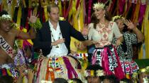 <p> During their trip to Tuvalu, Prince William and Kate Middleton fully immersed themselves in the fun, sporting floral crowns and other traditional island attire. </p> <p> While William jumped right into some dodgy dance moves, Kate looked a tad more goofy and embarrassed as all eyes were on the pair. </p> <p> Still, they both look like they had a blast and the 2012 tour - in support of the Queen's Diamond Jubilee - was considered a huge success. </p>