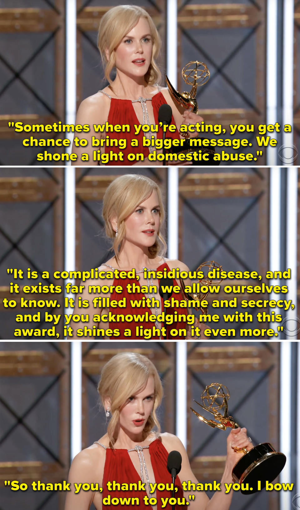 Nicole accepting her Emmy Award and talking about domestic violence