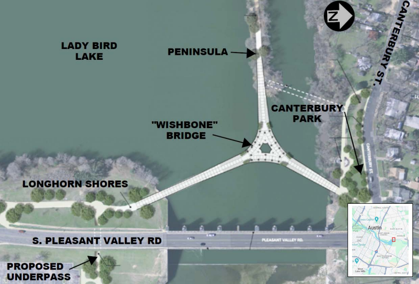 A graphic shows the proposed wishbone-shaped bridge spanning Lady Bird Lake with a plaza in the middle featuring benches, bike racks and trees.