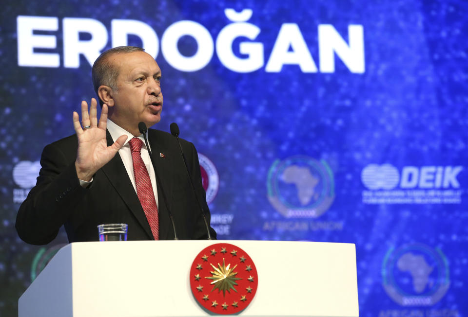 Turkey's President Recep Tayyip Erdogan addresses a Turkey-Africa business forum in Istanbul, Wednesday, Oct. 10, 2018. (Presidential Press Service via AP, Pool)