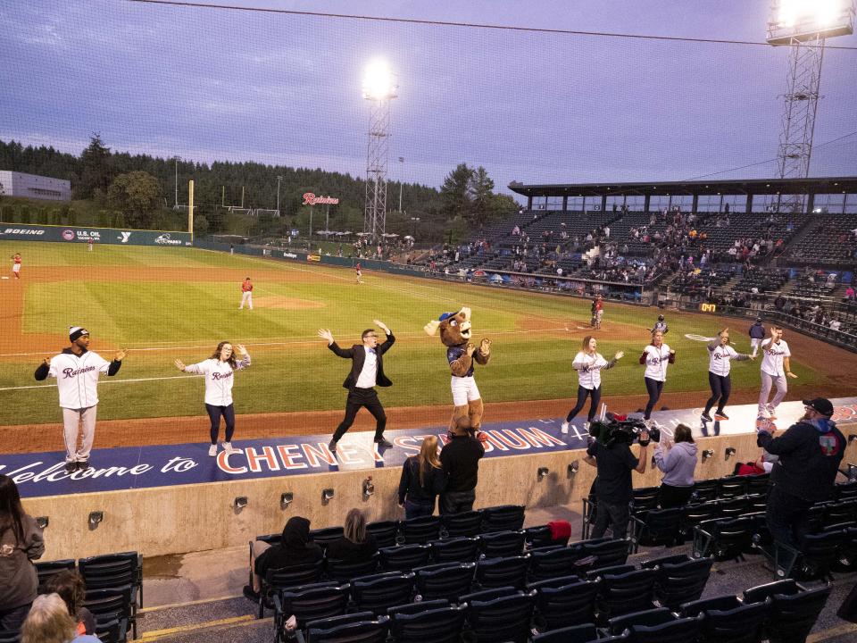 TACOMA, WA - MAY 21: Tacoma Rainiers mascot during a regular season minor league baseball game between the Fresno Grizzlies and the Tacoma Rainiers on May 21, 2019, at the Cheney Stadium in Tacoma, WA. (Photo by Joseph Weiser/Icon Sportswire via Getty Images)