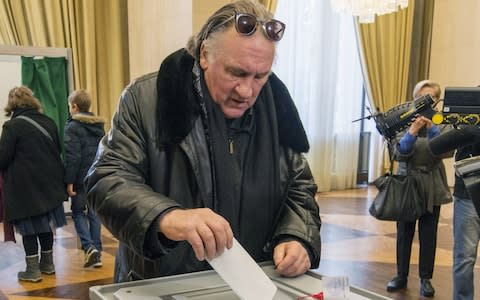 Gerard Depardieu votes at the Russian embassy in Paris - Credit: Dominique Boutin/TASS via Getty Images