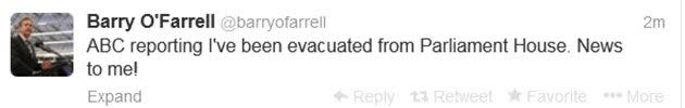 A tweet from the NSW Premier Barry O'Farrell. Photo: Twitter