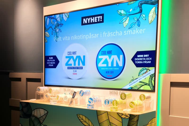 Cans of tobacco group Swedish Match's ZYN-branded tobacco-free nicotine pouches are seen on display at the company's concept store in Stockholm