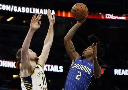 Nov 20, 2017; Orlando, FL, USA; Orlando Magic guard Elfrid Payton (2) shoots as Indiana Pacers center Domantas Sabonis (11) defends during the second half at Amway Center. Kim Klement-USA TODAY Sports