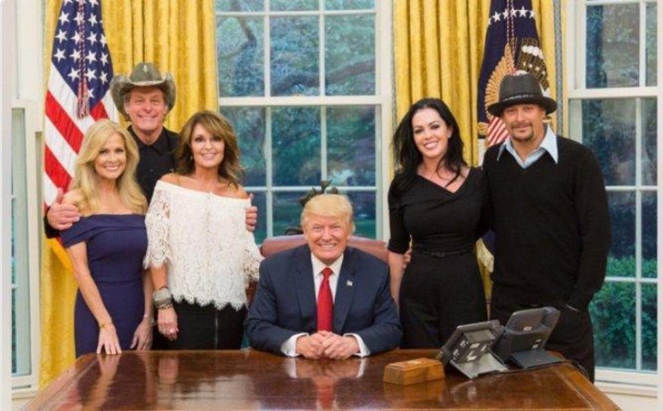 Donald Trump meets with Sarah Palin, Kid Rock, and Ted Nugent in the White House for dinner (Via Sarah Palin on Facebook)