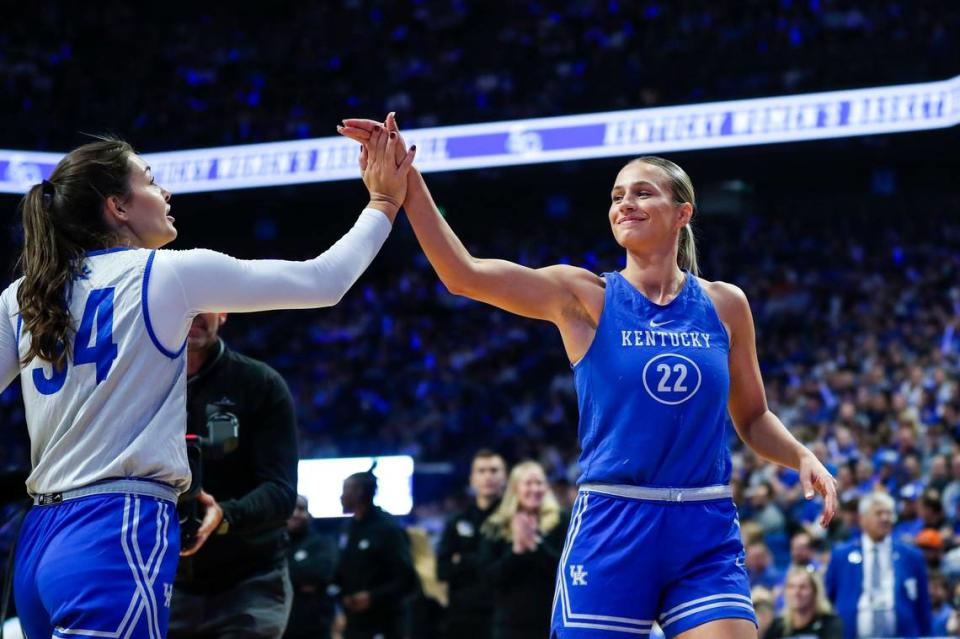 Kentucky guard Maddie Scherr, right, said Emma King (34) “does the little things that sometimes don’t always show on the stat sheet, but she’s just overall a great teammate, somebody that you want to have on your team.”