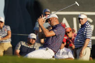 Justin Thomas reacts after missing a putt on the 18th hole during the second round of the PGA Championship golf tournament on the Ocean Course Friday, May 21, 2021, in Kiawah Island, S.C. (AP Photo/Chris Carlson)