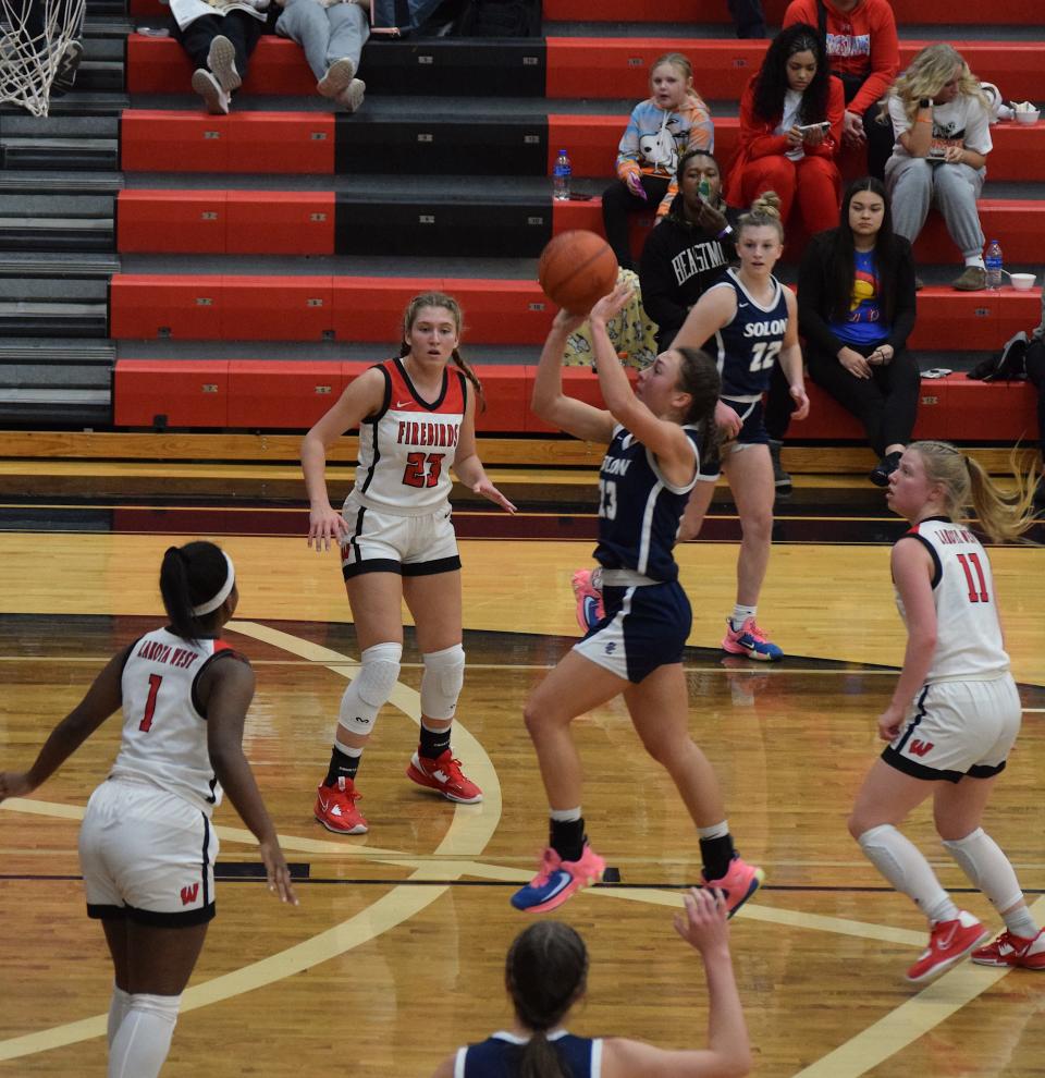 Morgan Blackford drives down the lane for two of her 19 points against Lakota West.