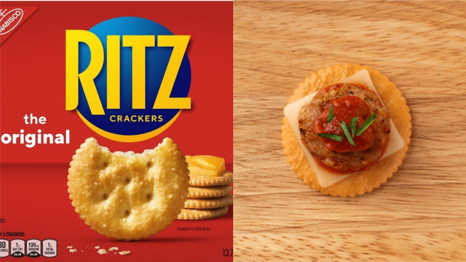 A side by side of Ritz Crackers box and a Ritz cracker with cheese and meatball on top