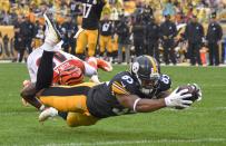<p>Pittsburgh Steelers tight end Xavier Grimble (85) dives for the end zone for a touchdown on a 21-yard pass play from quarterback Ben Roethlisberger during the first half of an NFL football game against the Cincinnati Bengals in Pittsburgh, Sunday, Sept. 18, 2016. (AP Photo/Don Wright) </p>