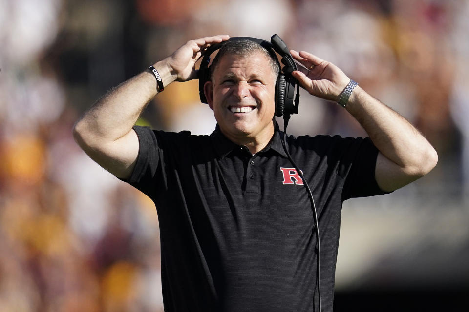 Rutgers head coach Greg Schiano reacts after a touchdown by Minnesota during the first half of an NCAA college football game, Saturday, Oct. 29, 2022, in Minneapolis. (AP Photo/Abbie Parr)
