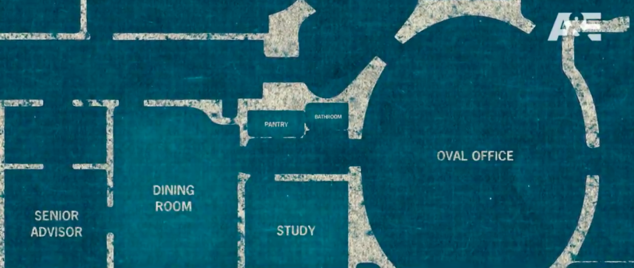 The pair would get privacy outside the Oval Office in Clinton’s study, dining room or pantry. (Image: The Clinton Affair/A&E)