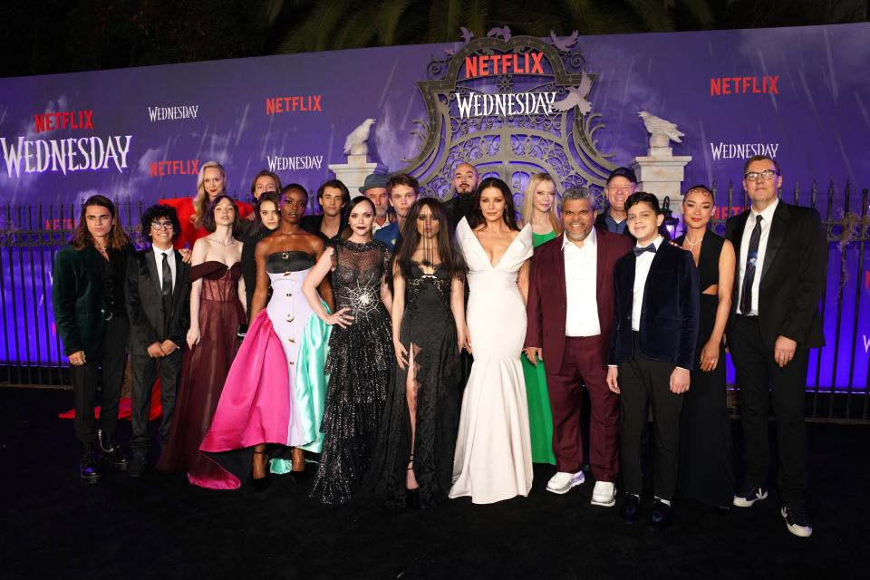 The cast of "Wednesday" at the show's world premiere on November 16, 2022 in Los Angeles.