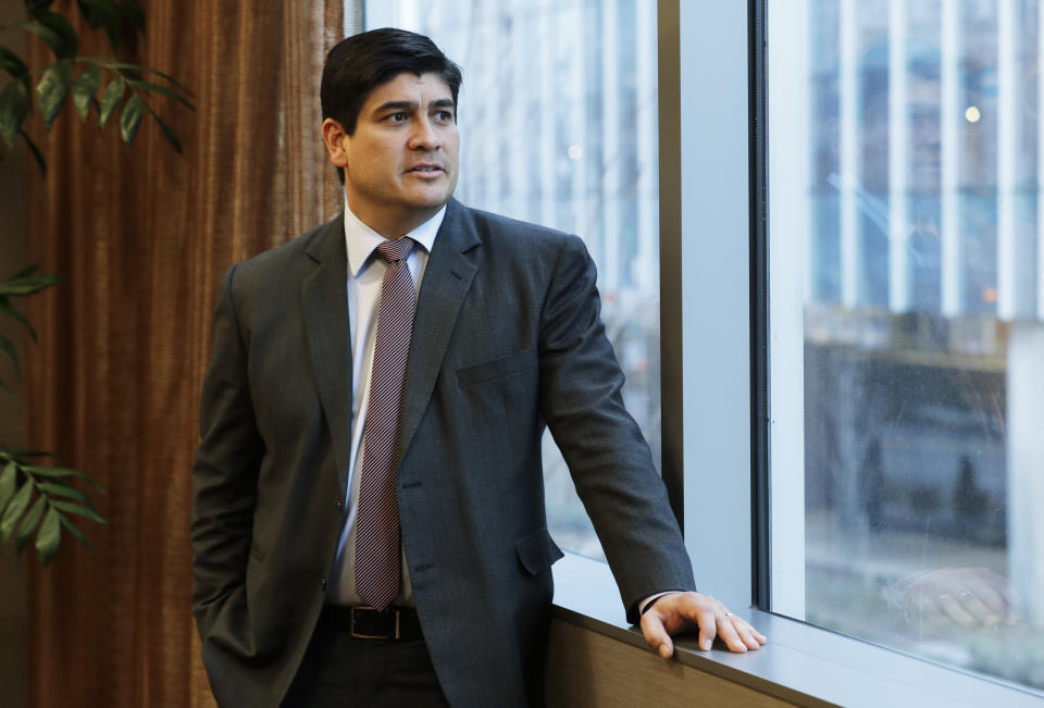 In this Monday, March 11, 2019, photo, Costa Rican president Carlos Alvarado poses for a photo before an interview with The Associated Press in Seattle. Alvarado said that Central America should not be satisfied until Nicaragua holds free elections and re-establishes a free press, democracy and human rights guarantees, and that turmoil in Nicaragua is having an impact on regional immigration and the economy. (AP Photo/Ted S. Warren)