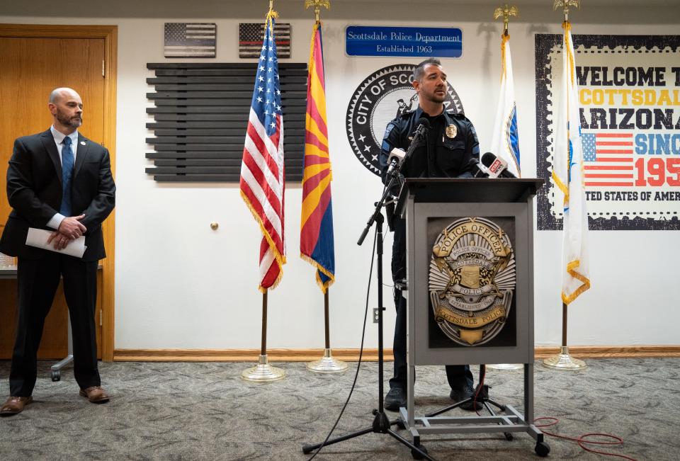 Sgt. Kevin Quon (right) answers a question during a news conference on Jan. 12, 2023, at the Scottsdale Police Headquarters in Scottsdale.