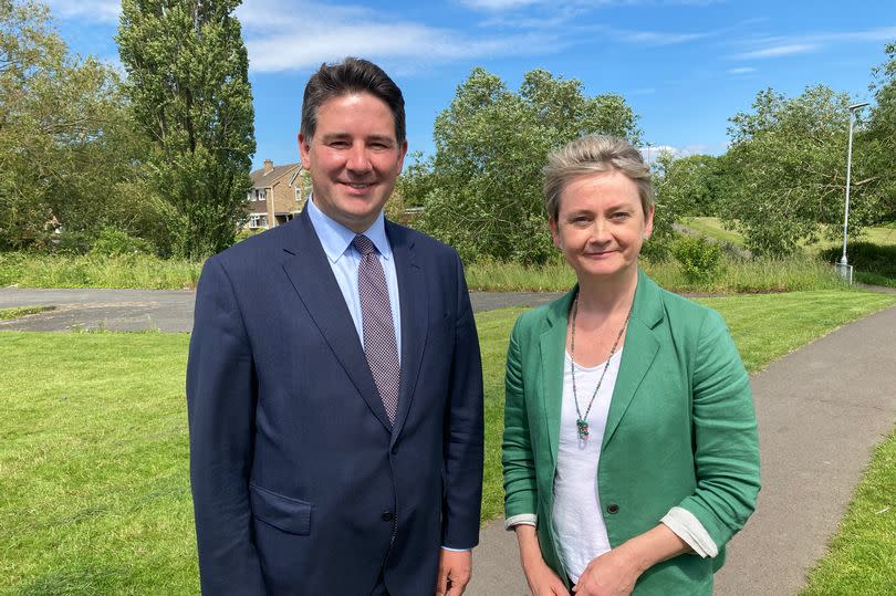 Stockton West Labour candidate Joe Dancey and Shadow Home Secretary Yvette Cooper in Bishopsgarth Park, Stockton.