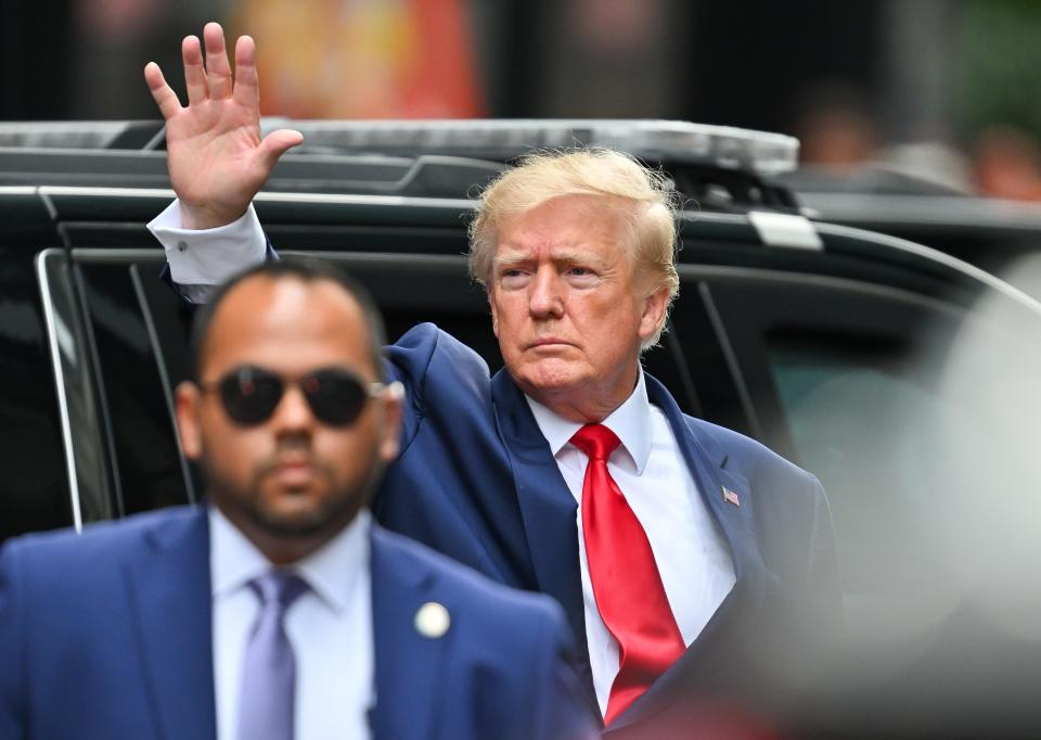 Former U.S. President Donald Trump leaves Trump Tower to meet with New York Attorney General Letitia James for a civil investigation on August 10, 2022 in New York City.