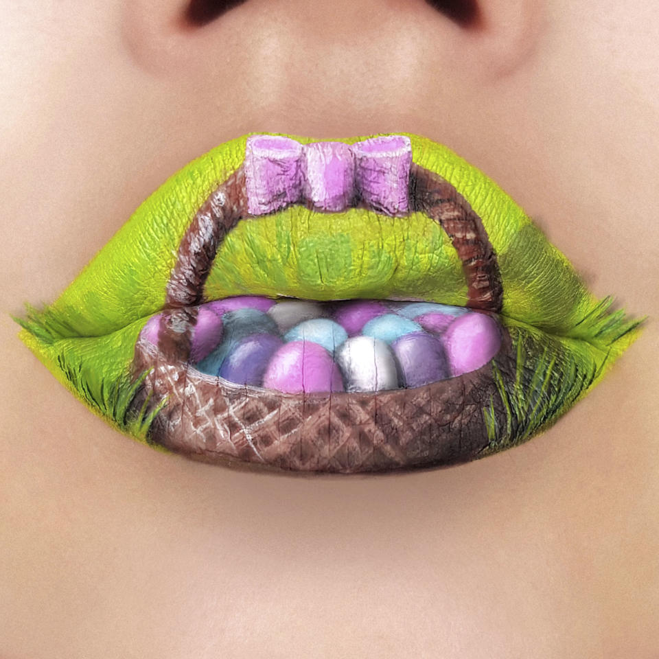 Tutushka's lipstick artwork featuring a basket of Easter eggs. (Photo: Tutushka Matviienko/Caters News)