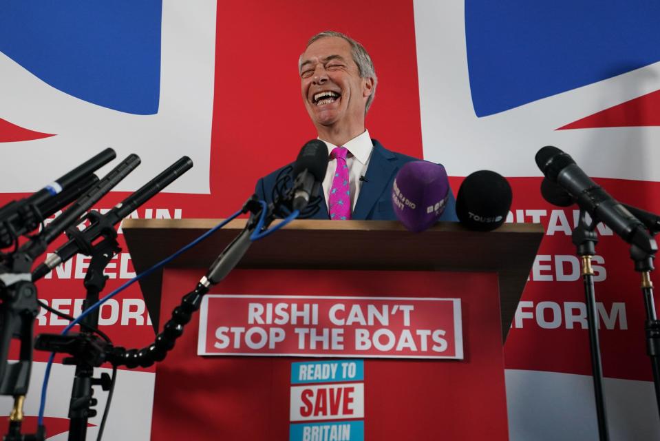 Nigel Farage announces Howard Cox as the Reform UK candidate for Dover, at the Royal Cinque Ports Yacht Club in Dover, while on the General Election campaign trail. Picture date: Tuesday May 28, 2024.