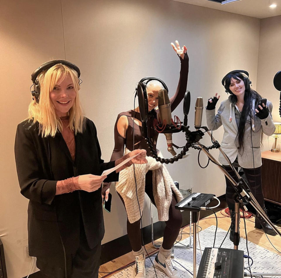 Samantha Womack, Nina Lopes and Reebz recording in the studio (The Evamore Project/PA)