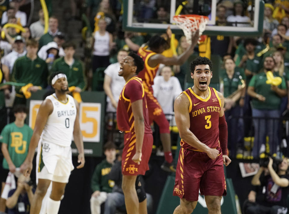 Iowa State guard Tamin Lipsey (3) celebrates after a score against Baylor in the second half of an NCAA college basketball game, Saturday, March 4, 2023, in Waco, Texas. (Chris Jones/Waco Tribune-Herald via AP)