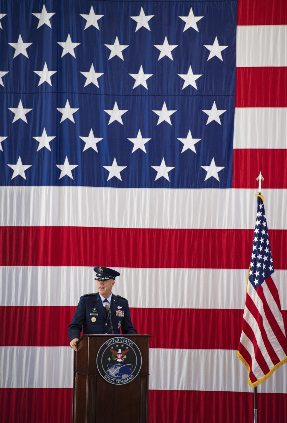 Gen. John W. Raymond, the commander of the U.S. Space Command, speaks Monday, Sept. 9, 2019, during a ceremony to recognize the establishment of the United States Space Command at Peterson Air Force Base in Colorado Springs, Colo. (Christian Murdock)/The Gazette via AP)