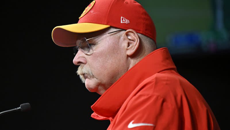 Kansas City Chiefs head coach Andy Reid speaks during a news conference after an NFL football game against the Las Vegas Raiders on Nov. 26, 2023, in Las Vegas.