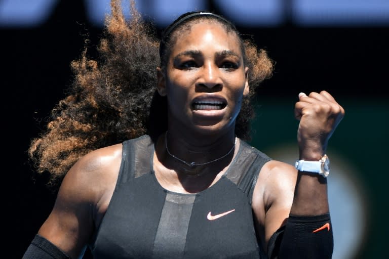 Serena Williams celebrates her victory against Barbora Strycova in the fourth round of the Australian Open in Melbourne on January 23, 2017