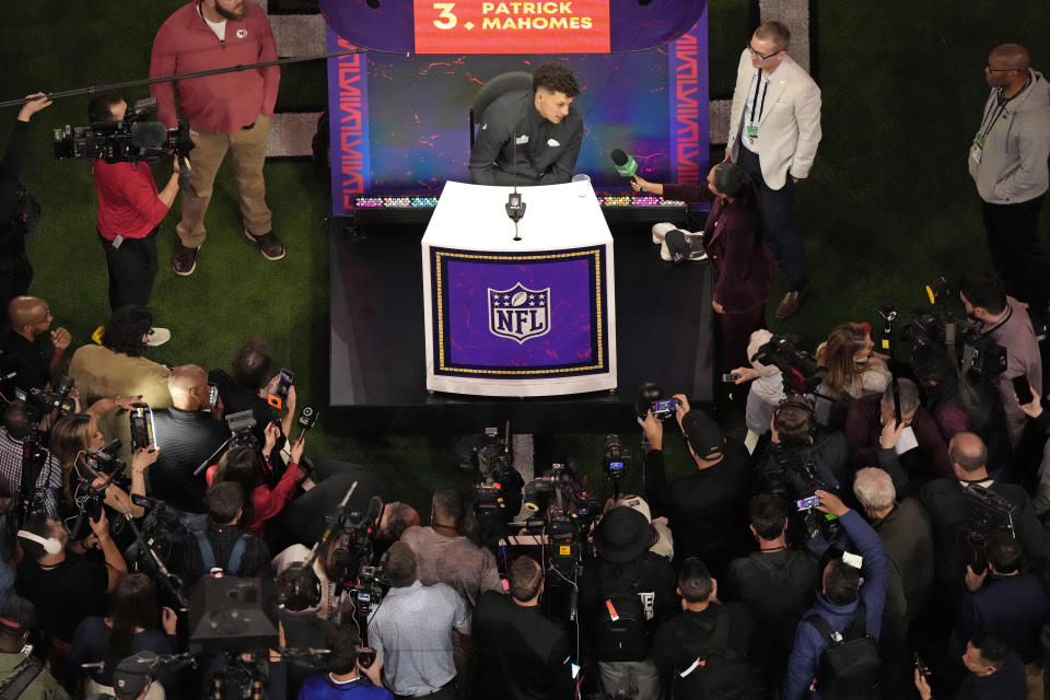 Kansas City Chiefs quarterback Patrick Mahomes participates in the NFL football Super Bowl 58 opening night Monday, Feb. 5, 2024, in Las Vegas. The San Francisco 49ers will play the Kansas City Chiefs in Super Bowl 58 Sunday. (AP Photo/David J. Phillip)