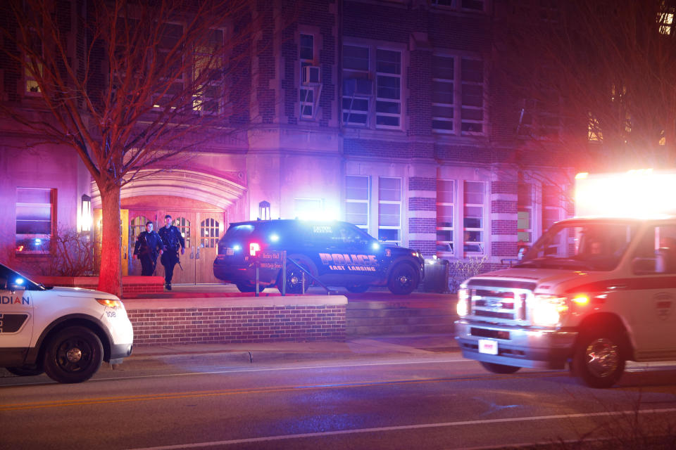 Police investigate the scene of a shooting at Berkey Hall on the campus of Michigan State University, late Monday, Feb. 13, 2023, in East Lansing, Mich. (AP Photo/Al Goldis)