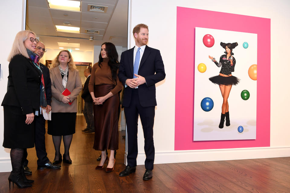 The Duke and Duchess of Sussex look at a special exhibition of art by Indigenous Canadian artist, Skawennati, in the Canada Gallery during their visit to Canada House, central London, meeting with Canada's High Commissioner to the UK, Janice Charette, as well as staff to thank them for the warm hospitality and support they received during their recent stay in Canada.