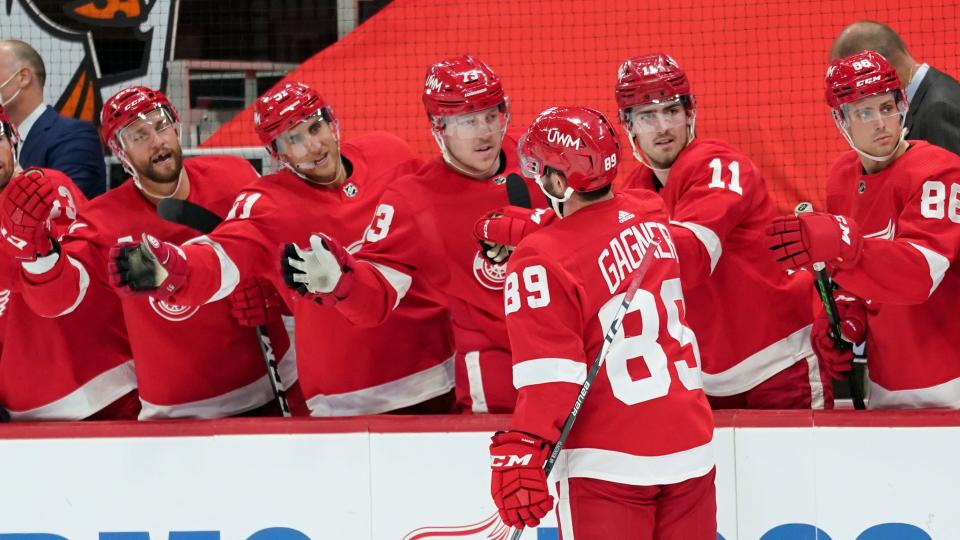 Red Wings center Sam Gagner celebrates his goal against the Predators in the second period on Thursday, Feb. 25, 2021, at Little Caesars Arena.