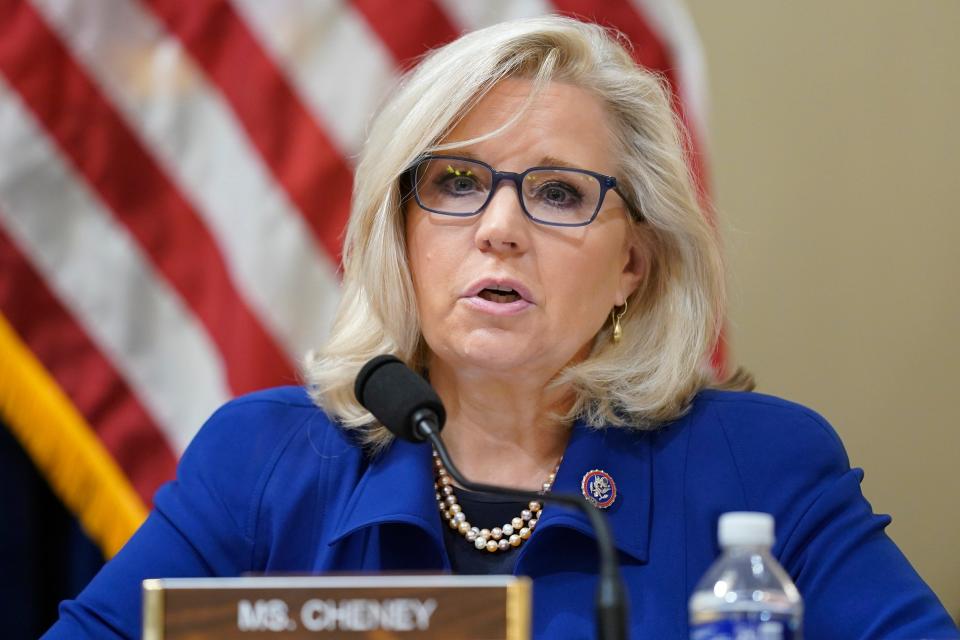 Rep. Liz Cheney, R-Wyo., speaks Tuesday during the House select committee hearing on the Jan. 6 attack on the Capitol.