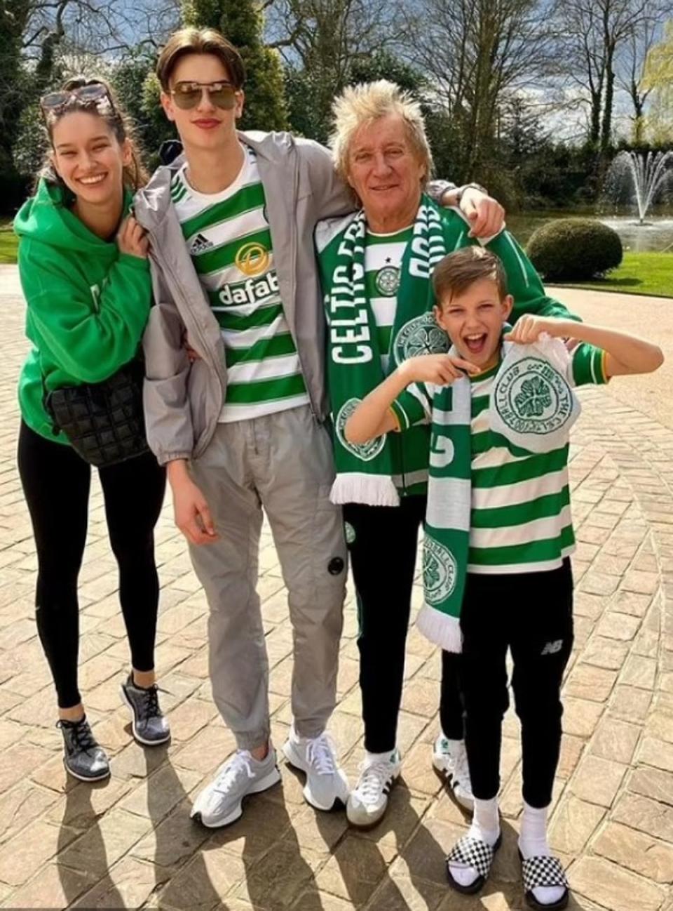 Stewart pictured with daughter Renee (far left), son Alastair (left) and Aiden (R) (Instagram/RodStewart)
