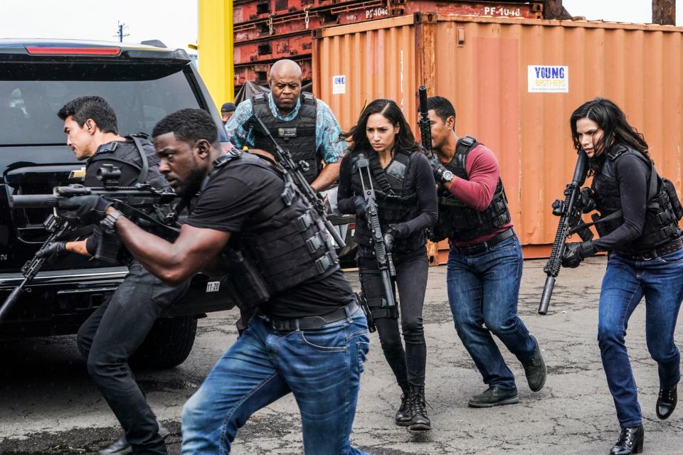 Hail, hail (of bullets), the gang's all here: The elite Five-0 crime unit pursues suspects in the series finale of "Hawaii Five-0."